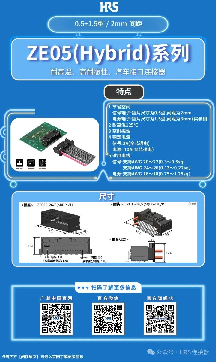 【产品推荐】耐高温、高耐振性、汽车接口、电源信号混合型连接器ZE05系列